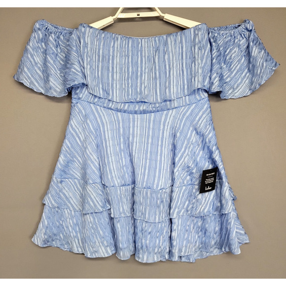 Lulus Dress Womens Large Blue Metallic Ruffle Off Shoulder Mini Tiered Party New - Picture 1 of 12